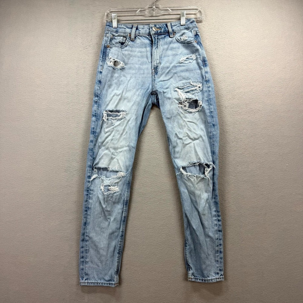 American Eagle Mom Jeans Womens 000 Fits 26x27* Blue Pants Distressed Straight - Picture 1 of 13